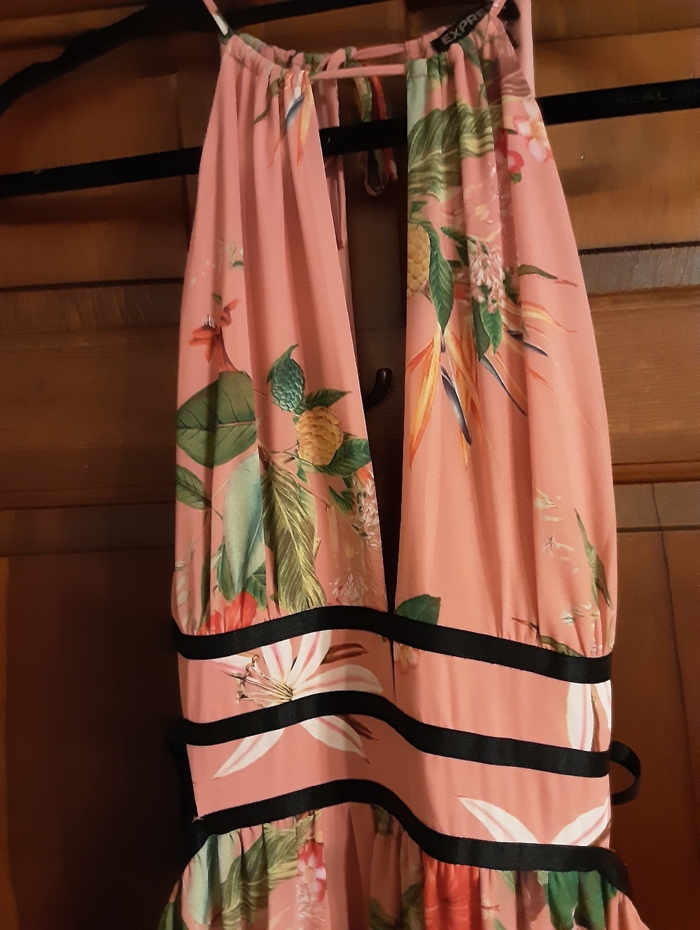 Express Pink Floral Halter Maxi Dress with Black Cut Out Waistband Size M - Picture 3 of 6